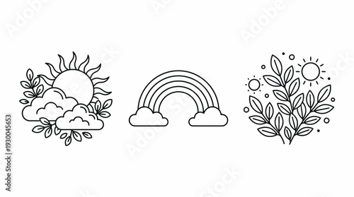 Weather icons with sun clouds rainbow. Spring Vector Packs. EPS Editable