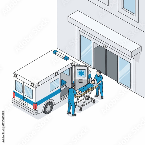 Ambulance crew transports patient into hospital entrance.