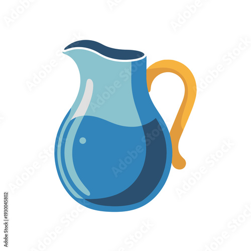 Blue glass pitcher filled with refreshing water and an orange handle showcases a clear liquid.
