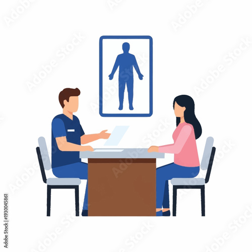 Doctor consulting with female patient about health and body mass index.