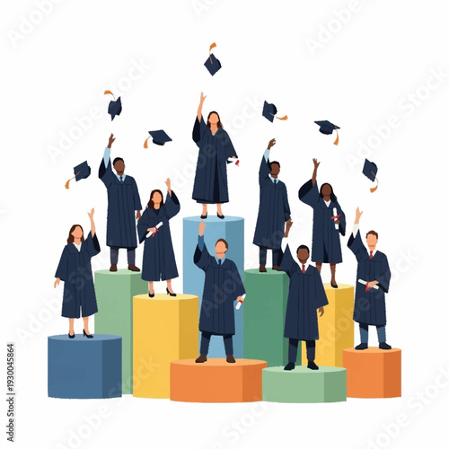 Diverse group of graduates celebrating on colorful pedestals, throwing caps in the air.
