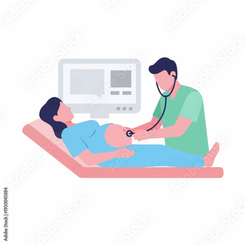 Doctor examining pregnant woman with stethoscope during prenatal checkup.