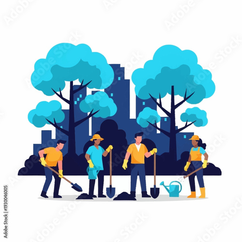 Group of people planting trees and gardening together.