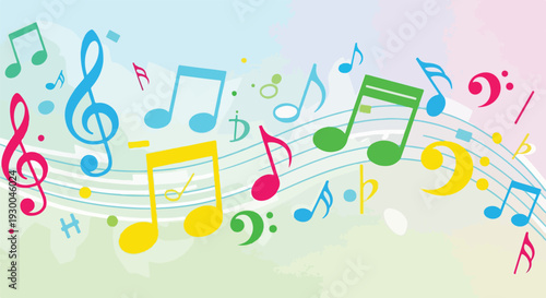 Colorful musical notes and symbols float on a soft, blended background