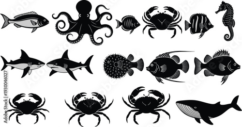 Large set of black and white sea life silhouettes including octopus, sharks, whale, crabs, seahorse, pufferfish, and various tropical fish icons.