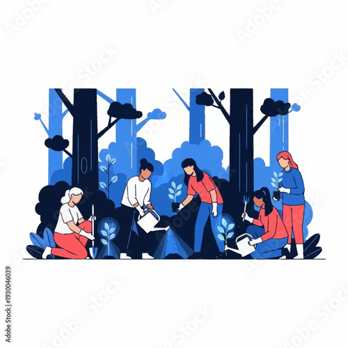 Group of women planting trees and watering plants in a forest.