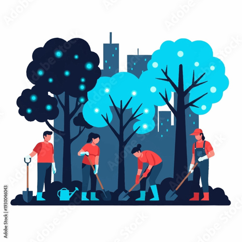 Group of people planting trees in a park.