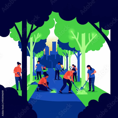 Group of volunteers cleaning up a park, demonstrating community service and environmental care.