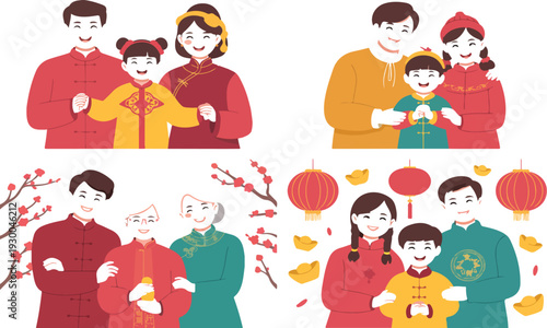 Chinese New Year Family Celebration Illustration Set with Parents Children Grandparents Lanterns Fireworks and Traditional Clothing