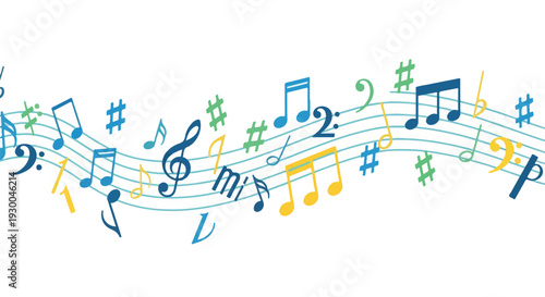 Colorful musical notes and symbols float on a white background