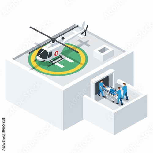Medical Helicopter Landing Pad and Emergency Transport Scene.