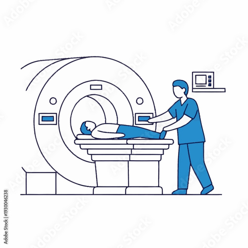 Medical professional operating MRI scanner with patient inside.