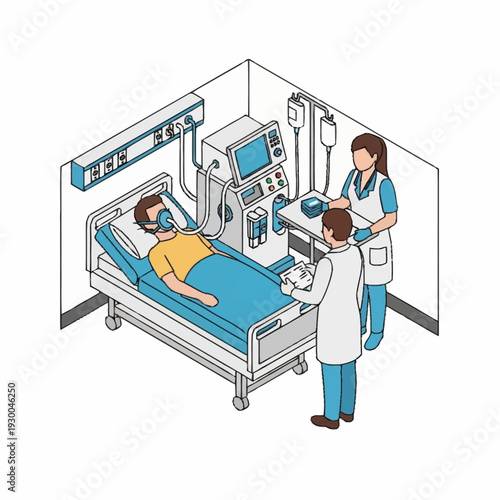 Medical professionals attending to a patient in an intensive care unit.