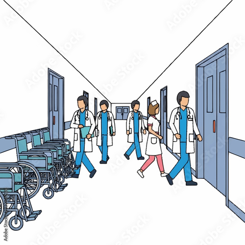 Medical professionals walking down a hospital corridor.