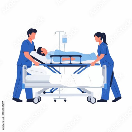 Medical staff transporting patient on stretcher in hospital.