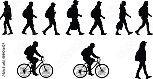 Black silhouettes of people walking with backpacks and men riding bicycles in a row isolated on a clean white background