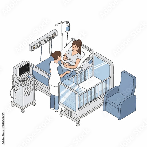 Nurse assisting new mother with newborn baby in hospital room.