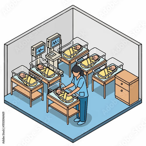 Nurse Caring For Multiple Newborn Babies In Nursery.