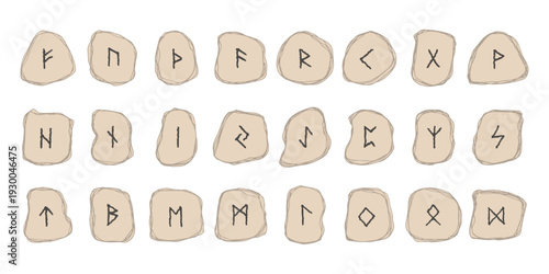 Set of hand drawn viking runes Rune stones with ancient norse alphabet characters engraved on them Scandinavian futhark germanic celtic Single element for design, print, web, decor