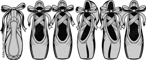Detailed black and white illustration of several ballet pointe shoes with ribbons and bows arranged in a row on white background