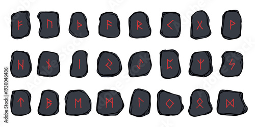 Set of hand drawn viking runes Rune stones with ancient norse alphabet characters engraved on them Scandinavian futhark germanic celtic Single element for design, print, web, decor
