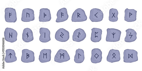 Set of hand drawn viking runes Rune stones with ancient norse alphabet characters engraved on them Scandinavian futhark germanic celtic Single element for design, print, web, decor