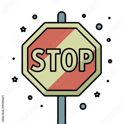 Cartoon stop sign on a pole with a playful border, representing traffic rules and safety.
