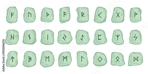 Set of hand drawn viking runes Rune stones with ancient norse alphabet characters engraved on them Scandinavian futhark germanic celtic Single element for design, print, web, decor