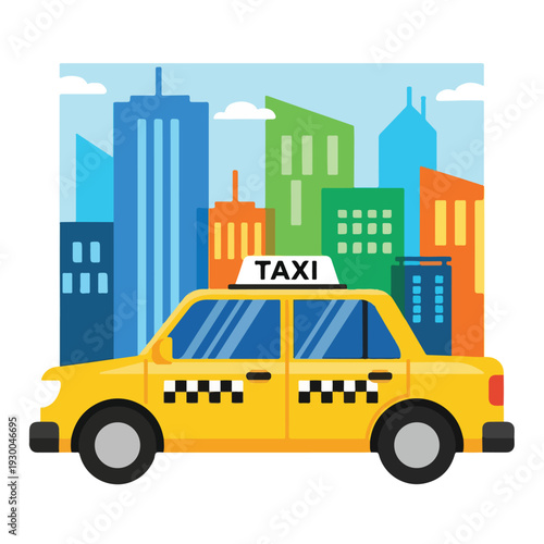 Colorful illustration of a yellow taxi in front of a city skyline