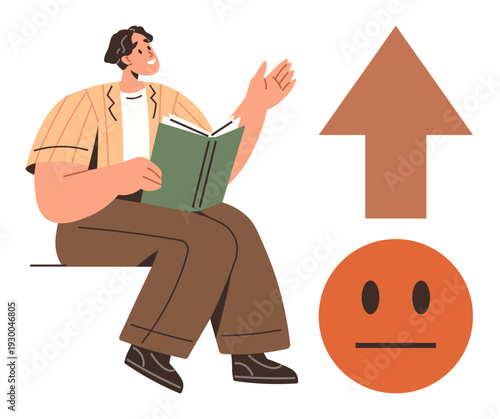 Education, self-improvement, reading habits, personal development, decision-making, progress. A man holding an open book with upward arrow and neutral face icon. Education and self-improvement