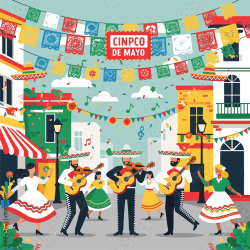 Festive street scene with musicians, dancers, colorful flags, buildings, and confetti