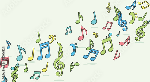 Colorful musical notes and symbols floating on a light green background