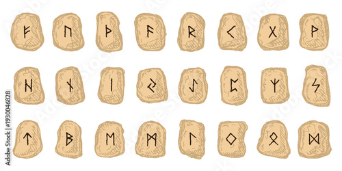 Set of hand drawn viking runes Rune stones with ancient norse alphabet characters engraved on them Scandinavian futhark germanic celtic Single element for design, print, web, decor