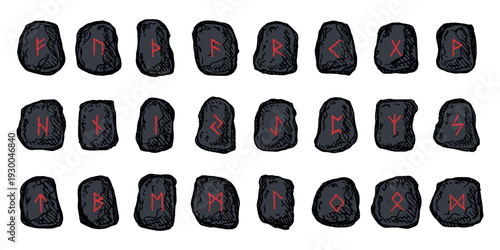 Set of hand drawn viking runes Rune stones with ancient norse alphabet characters engraved on them Scandinavian futhark germanic celtic Single element for design, print, web, decor