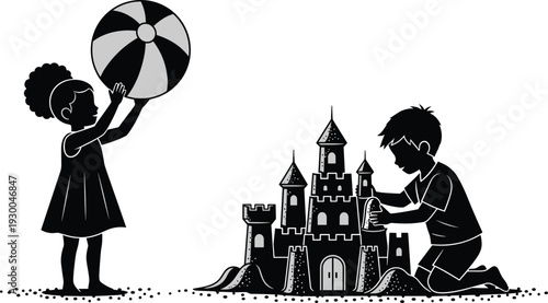 Silhouette of a young girl holding a beach ball and a boy building a detailed sandcastle on a white background