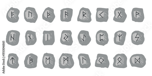 Set of hand drawn viking runes Rune stones with ancient norse alphabet characters engraved on them Scandinavian futhark germanic celtic Single element for design, print, web, decor