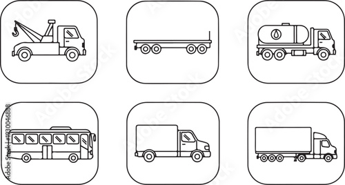 Various Vehicles Collection: Tow Truck Flatbed Tanker Bus Box Truck Semi-Truck Isolated on white background