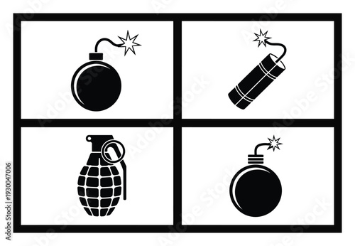 Collection of Four Black and White Bomb Round Bomb, Dynamite, Grenade, and Round Bomb