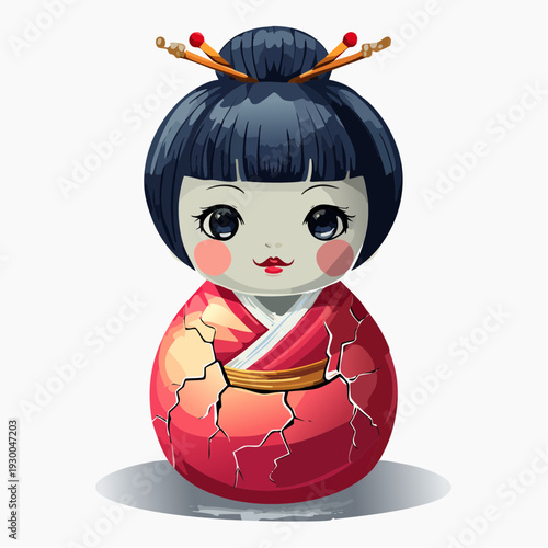 Kokeshi doll with cracked red kimono and traditional Japanese hairstyle.