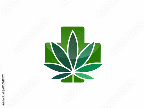 Medical Cannabis Marijuana Leaf Icon over Green Cross Symbol for Healthcare Pharmacy and Wellness Clinic Branding