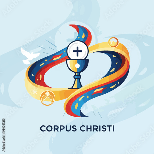 Colorful illustration of chalice, host, and swirling ribbon