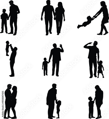Family and parent child silhouettes collection, loving moments of parents with kids, black human figures isolated on white background vector
