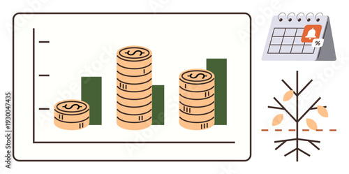 Financial planning, investment strategies, savings, budget management, profit growth, and economic concerns. Coin stacks on a chart, calendar and a declining tree. Financial planning and investment