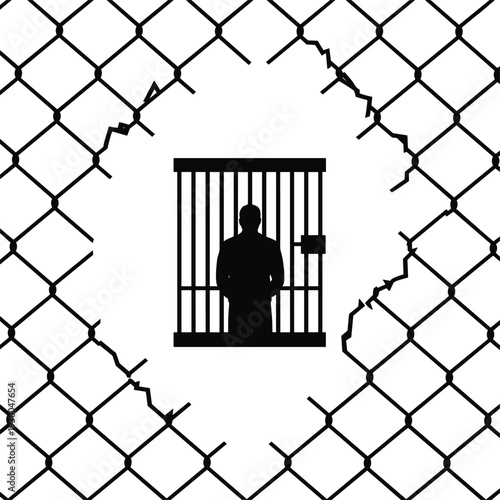 Prison silhouette illustration with man behind jail bars and broken fence, freedom loss, confinement concept isolated on white background