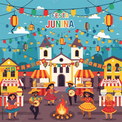 Festive street scene with people dancing near a bonfire and food stalls