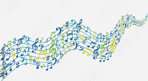 Colorful musical notes and symbols in a flowing wave on a white background