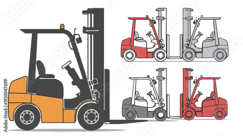 Forklift outline and colored illustration vehicle icons, flat industrial transport equipment design with clean lines and solid colors 