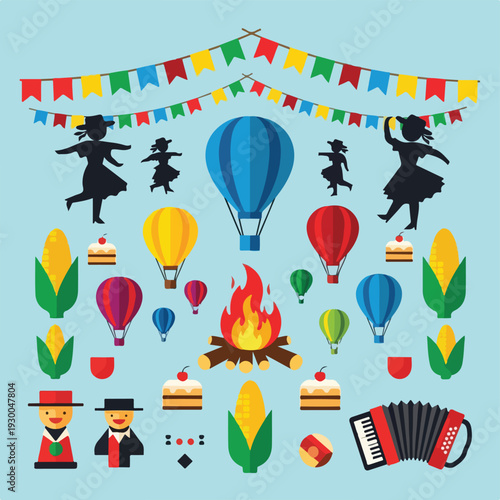 Festive vector illustration with dancing figures, balloons, and food elements