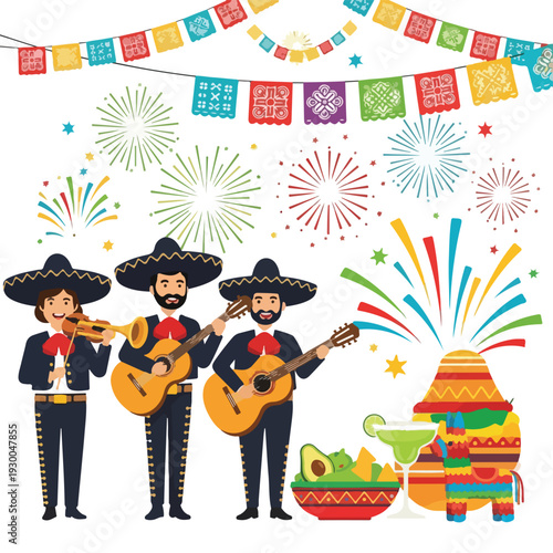 Festive illustration featuring a mariachi band, food, fireworks, and decorations