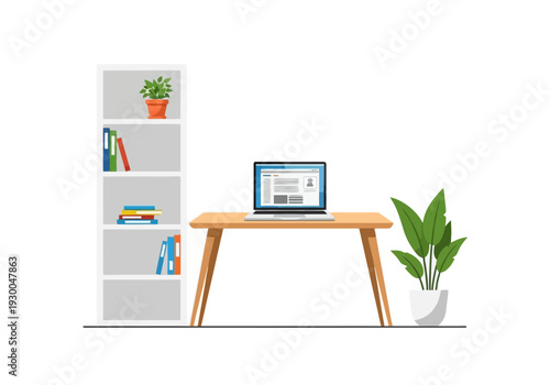 Modern Home Office Setup With Laptop On Desk And Bookshelf With Green Plants Decor Ready For Productive Work Days
